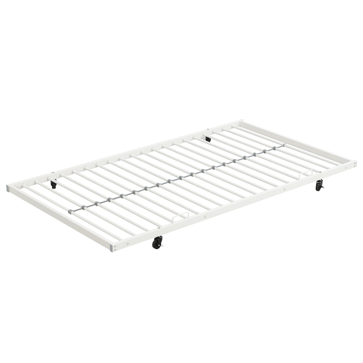 White metal bunk bed frame with slatted rails and caster wheels, minimal design on Tampa Home & Garden Store
