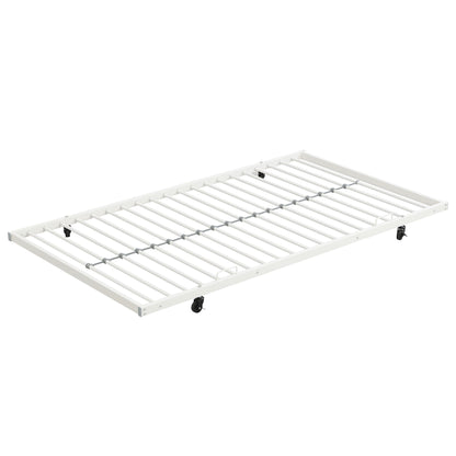 White metal bunk bed frame with slatted rails and caster wheels, minimal design on Tampa Home & Garden Store