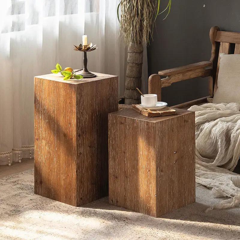 Solid wood square end tables in natural brown finish, two-piece set beside a rustic sofa on Tampa Home & Garden Store
