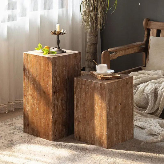 Solid wood square end tables in natural brown finish, two-piece set beside a rustic sofa on Tampa Home & Garden Store