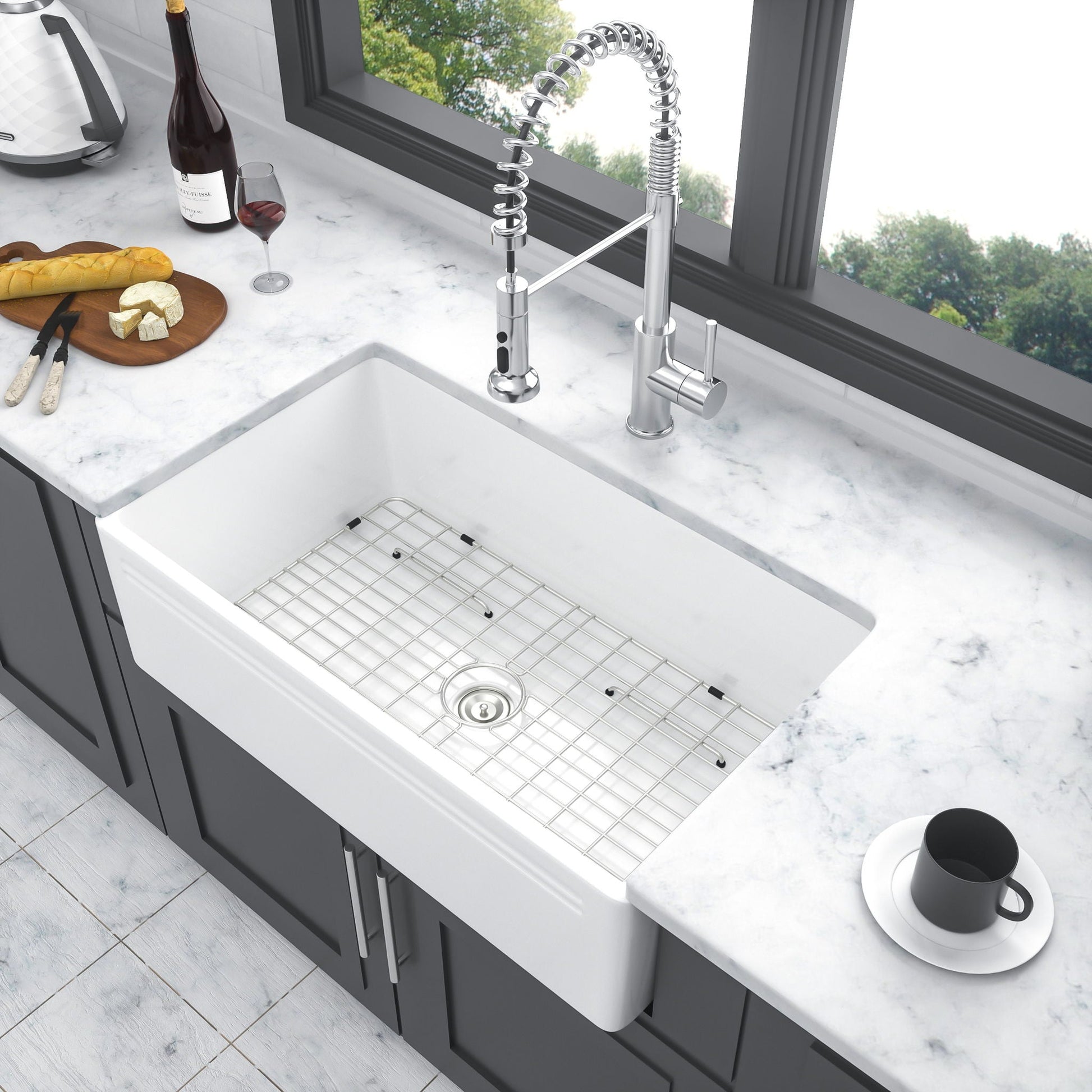 Elegant farmhouse apron-front ceramic kitchen sink with chrome spring faucet and grid base on Tampa Home & Garden Store