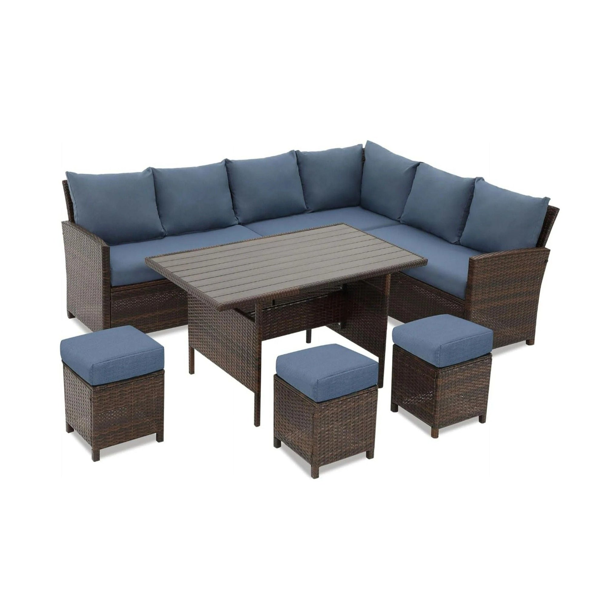 7 Piece Patio Dining Set with Cushions blue cushions on brown wicker sectional with table on Tampa Home & Garden Store