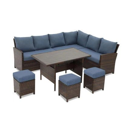 7 Piece Patio Dining Set with Cushions blue cushions on brown wicker sectional with table on Tampa Home & Garden Store