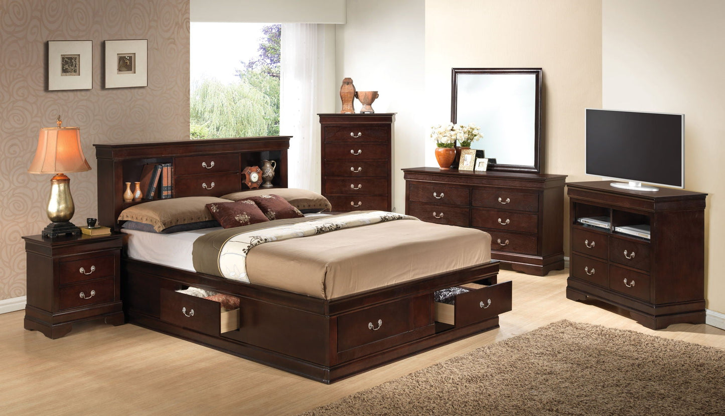 Louis Phillipe Bookcase Storage Bed in dark wood with drawers and bookcase headboard on Tampa Home & Garden Store