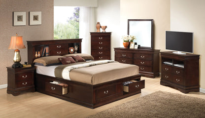 Louis Phillipe Bookcase Storage Bed in dark wood with drawers and bookcase headboard on Tampa Home & Garden Store