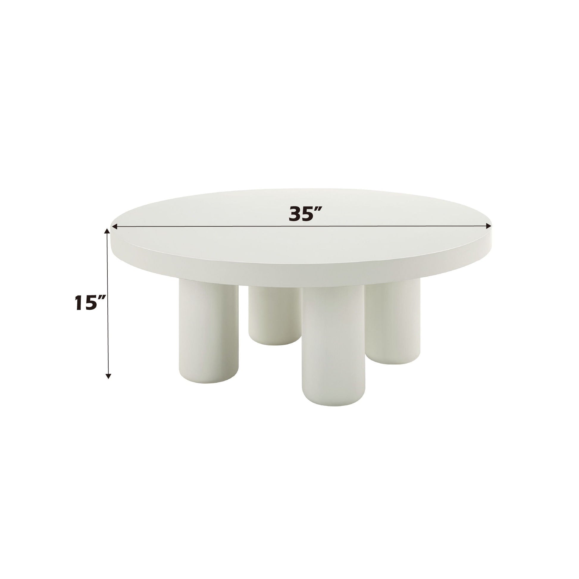 Loanna White Coffee Table, round white table with four chunky cylindrical legs, 35 in diameter on Tampa Home & Garden Store