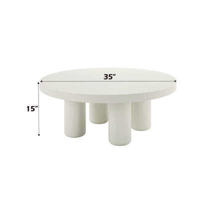 Loanna White Coffee Table, round white table with four chunky cylindrical legs, 35 in diameter on Tampa Home & Garden Store
