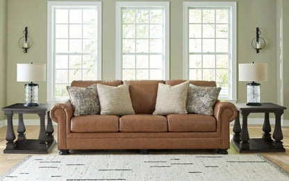 Carianna sofa caramel leather, stationary with rolled arms and cushions on Tampa Home & Garden Store
