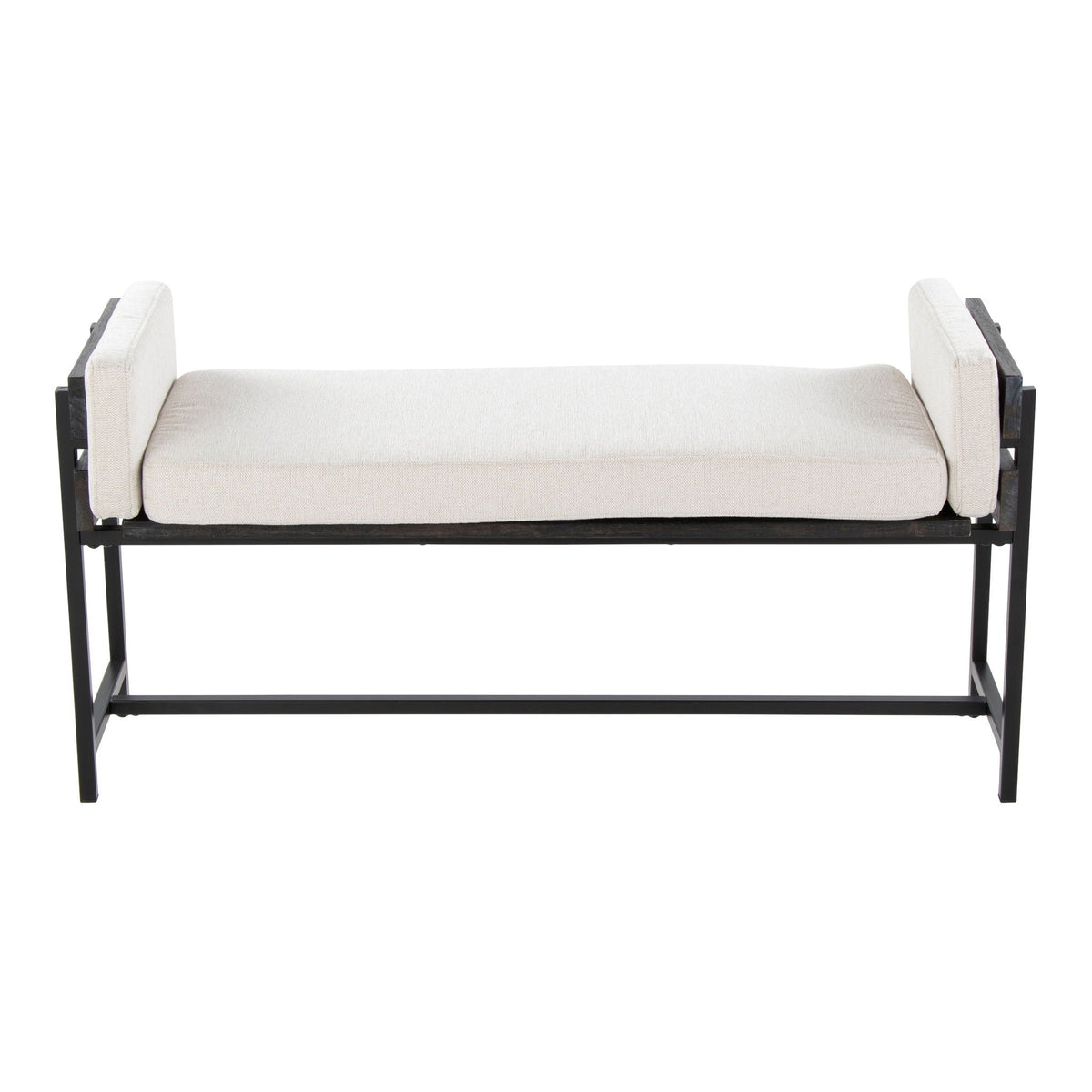Farmhouse Luxe Upholstered Bench with Wood Panel Accent, cream upholstery, black frame on Tampa Home & Garden Store