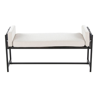 Farmhouse Luxe Upholstered Bench with Wood Panel Accent, cream upholstery, black frame on Tampa Home & Garden Store