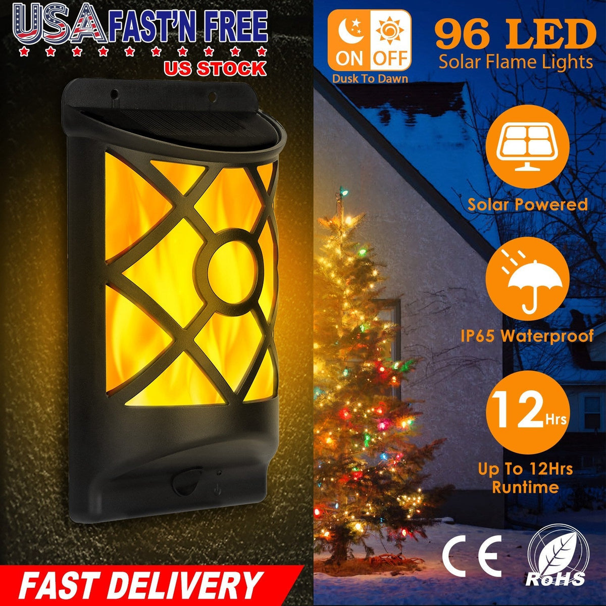 Flame Solar Lights wall lantern with black metal lattice, 96 LEDs, auto on/off by GBruno Store on Tampa Home & Garden Store