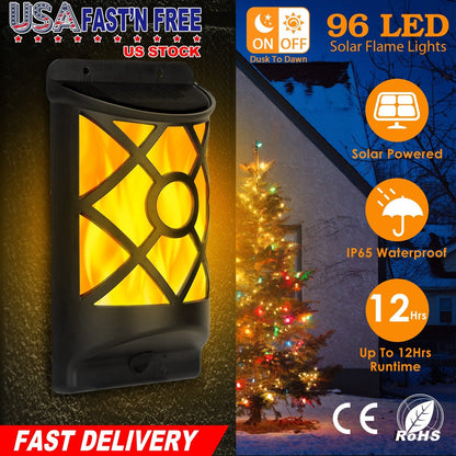 Flame Solar Lights wall lantern with black metal lattice, 96 LEDs, auto on/off by GBruno Store on Tampa Home & Garden Store