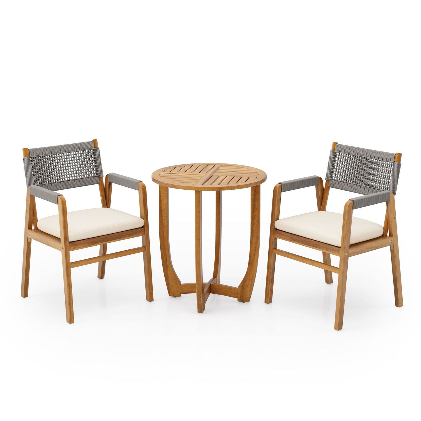 Outdoor 3 Piece Teak Dining Set with Gray Cushion