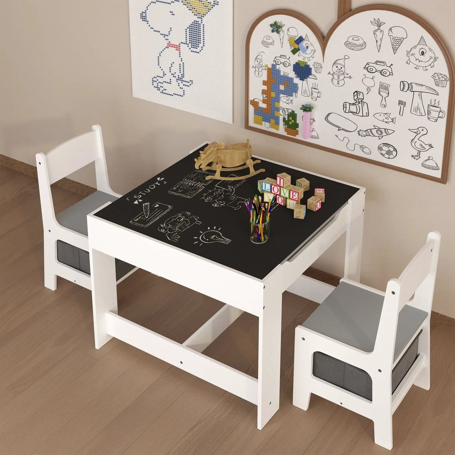 Kids Table and Chair Set 3 in 1 with Storage