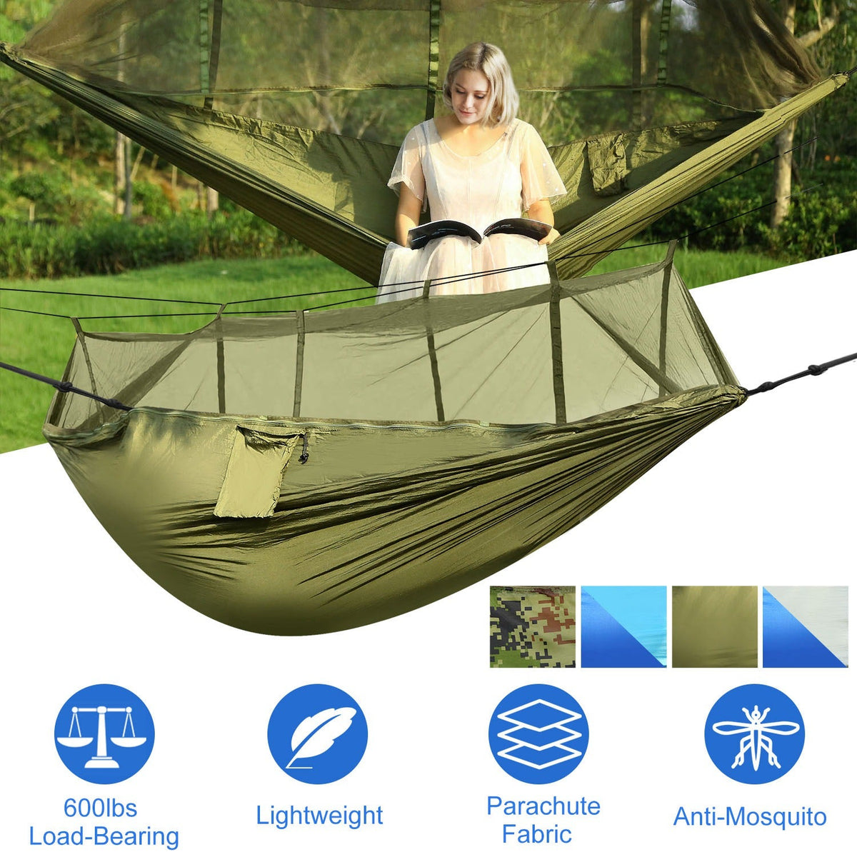 GemGear 600lbs load 2-person hammock with mosquito net, olive green nylon, straps & carry bag on Tampa Home & Garden Store