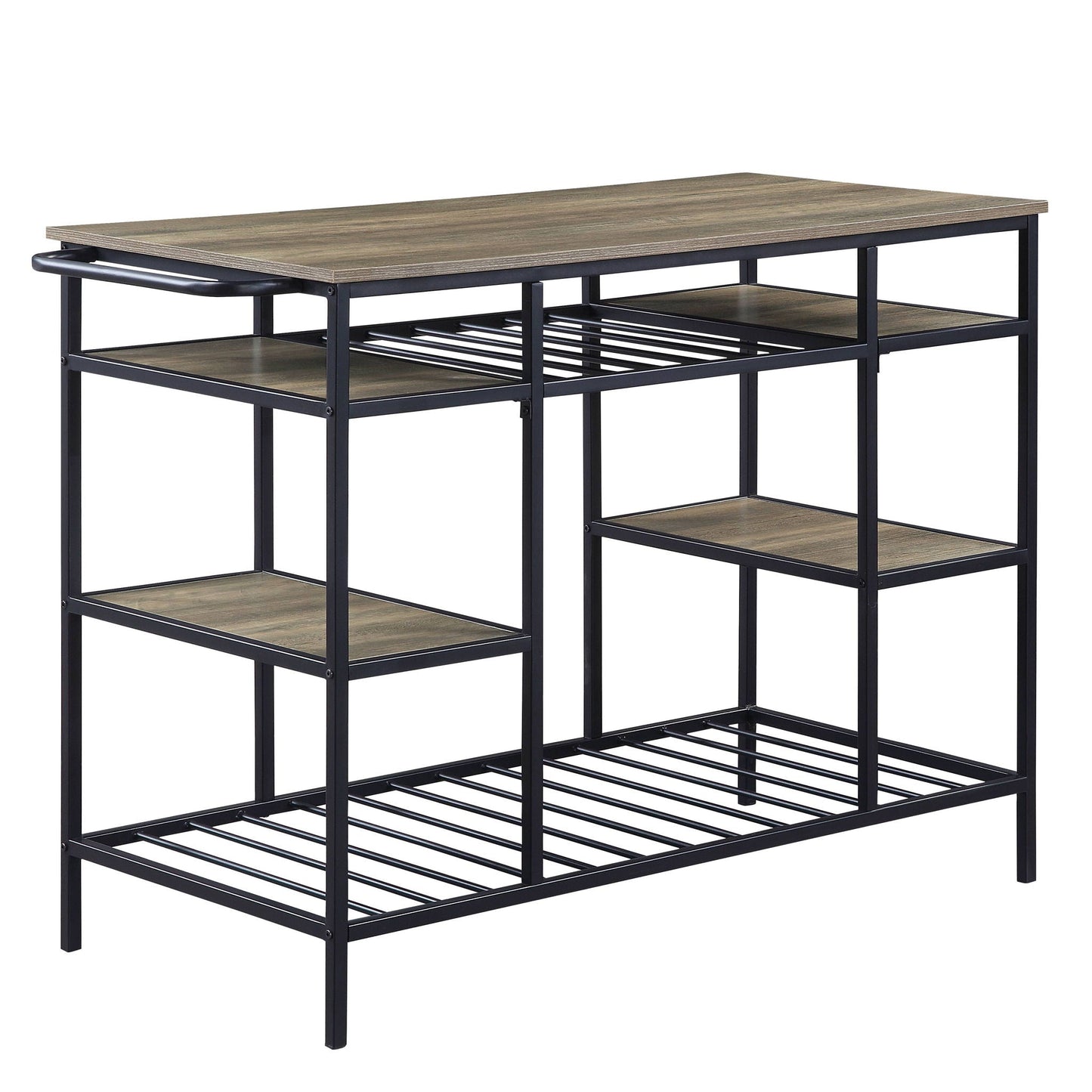Lona kitchen island rustic oak top with black metal frame and open lower shelf on Tampa Home & Garden Store