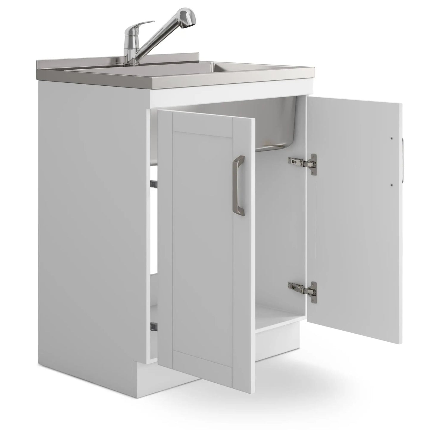 Kyle laundry vanity with stainless steel sink and chrome faucet, cabinet doors open on Tampa Home & Garden Store