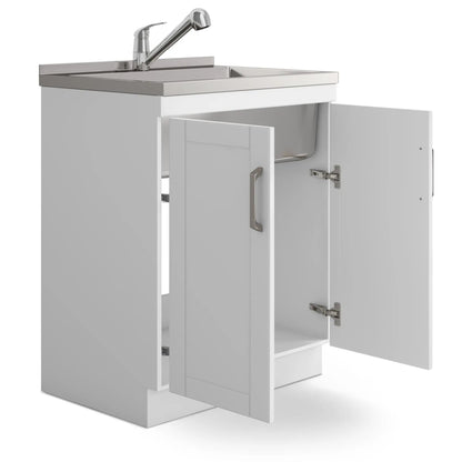Kyle laundry vanity with stainless steel sink and chrome faucet, cabinet doors open on Tampa Home & Garden Store