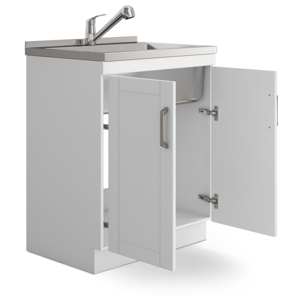 White laundry vanity cabinet with stainless steel sink and chrome faucet, open storage on Tampa Home & Garden Store