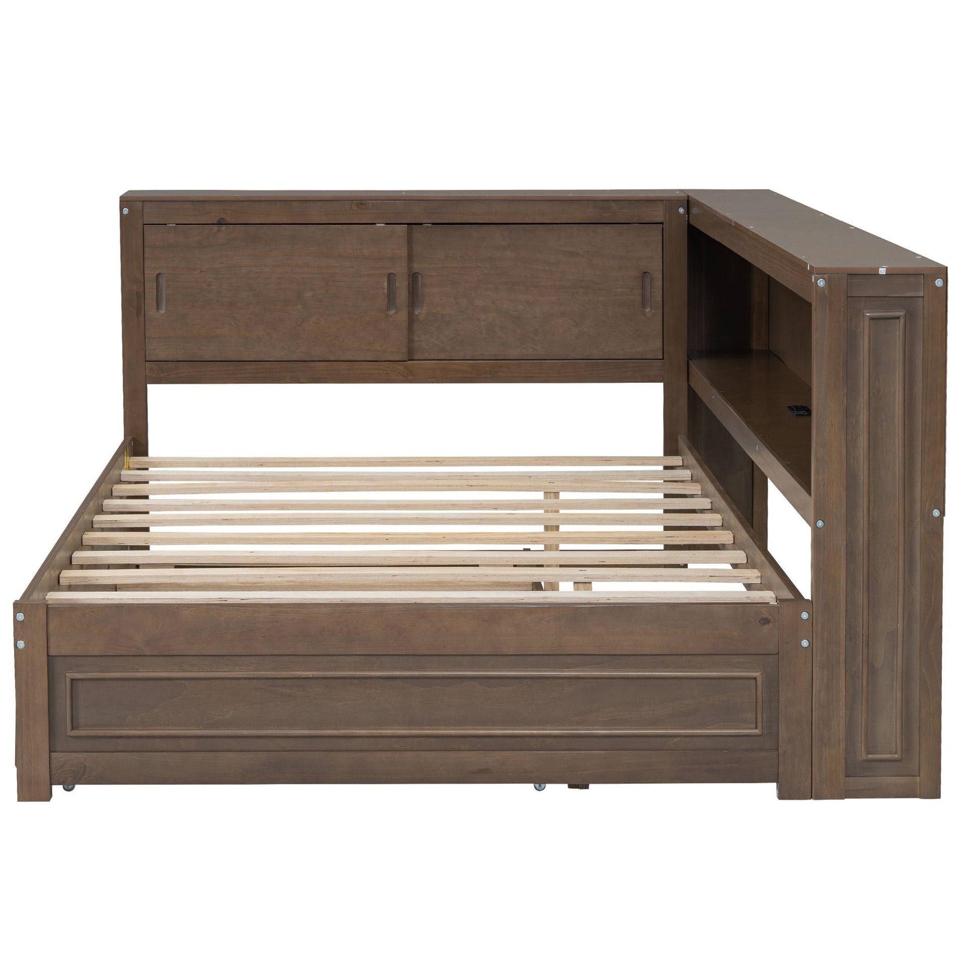 Daybed frame with storage drawer, slatted base, and side shelving in dark brown wood on Tampa Home & Garden Store