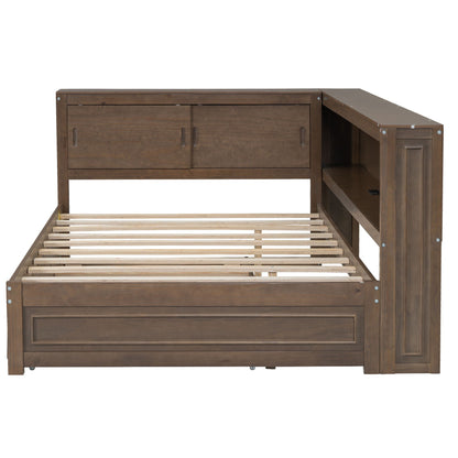 Daybed frame with storage drawer, slatted base, and side shelving in dark brown wood on Tampa Home & Garden Store