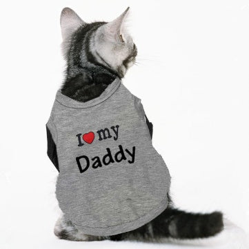 Gray pet hoodie vest with I heart my Daddy print on back worn by cat on Tampa Home & Garden Store