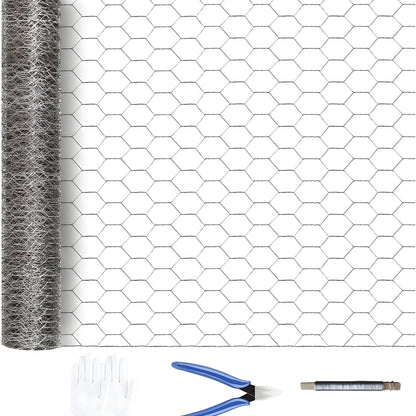 Galvanized hexagonal mesh fence roll for garden protection with gloves and blue shears on Tampa Home & Garden Store