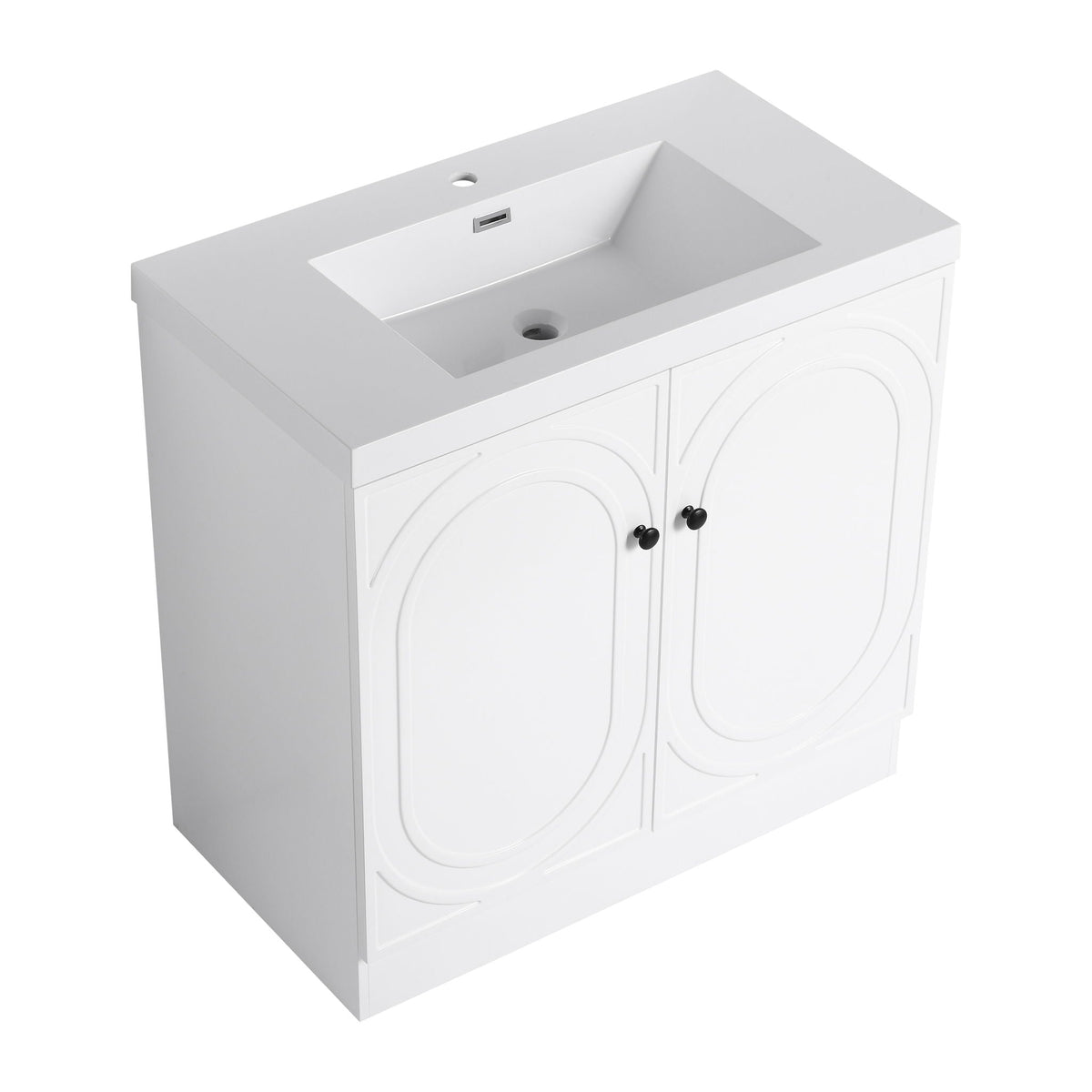 Freestanding bath vanity with resin sink, white finish, double doors with black knobs by HouseOfZazla on Tampa Home & Garden Store