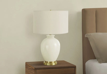 Table lamp cream ceramic base with brass accents and off-white shade by Unique Piece Furniture on Tampa Home & Garden Store