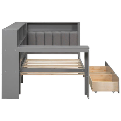 Platform bed with upholstered gray headboard and storage shelves, drawers, slats, HouseOfZazla on Tampa Home & Garden Store