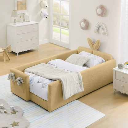 Cute Rabbit Ear Upholstered Platform Bed Frame With Safety Rail two twin beige beds Unique Piece on Tampa Home & Garden Store