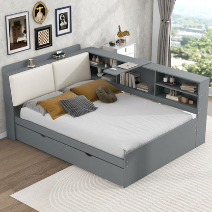 Platform bed with trundle and storage headboard, blue-gray finish with built-in shelves on Tampa Home & Garden Store