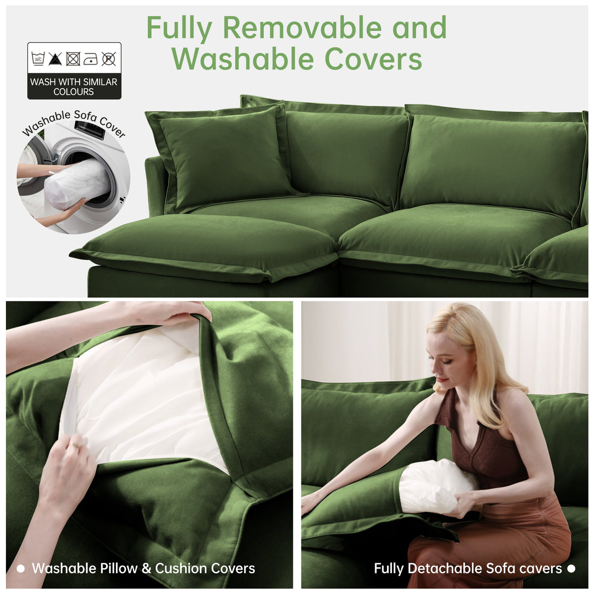 Slipcovered 2-seat sofa with convertible ottoman in green velvet removable washable covers on Tampa Home & Garden Store