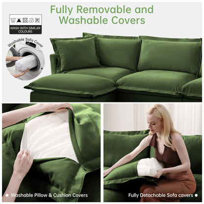 Slipcovered 2-seat sofa with convertible ottoman in green velvet removable washable covers on Tampa Home & Garden Store