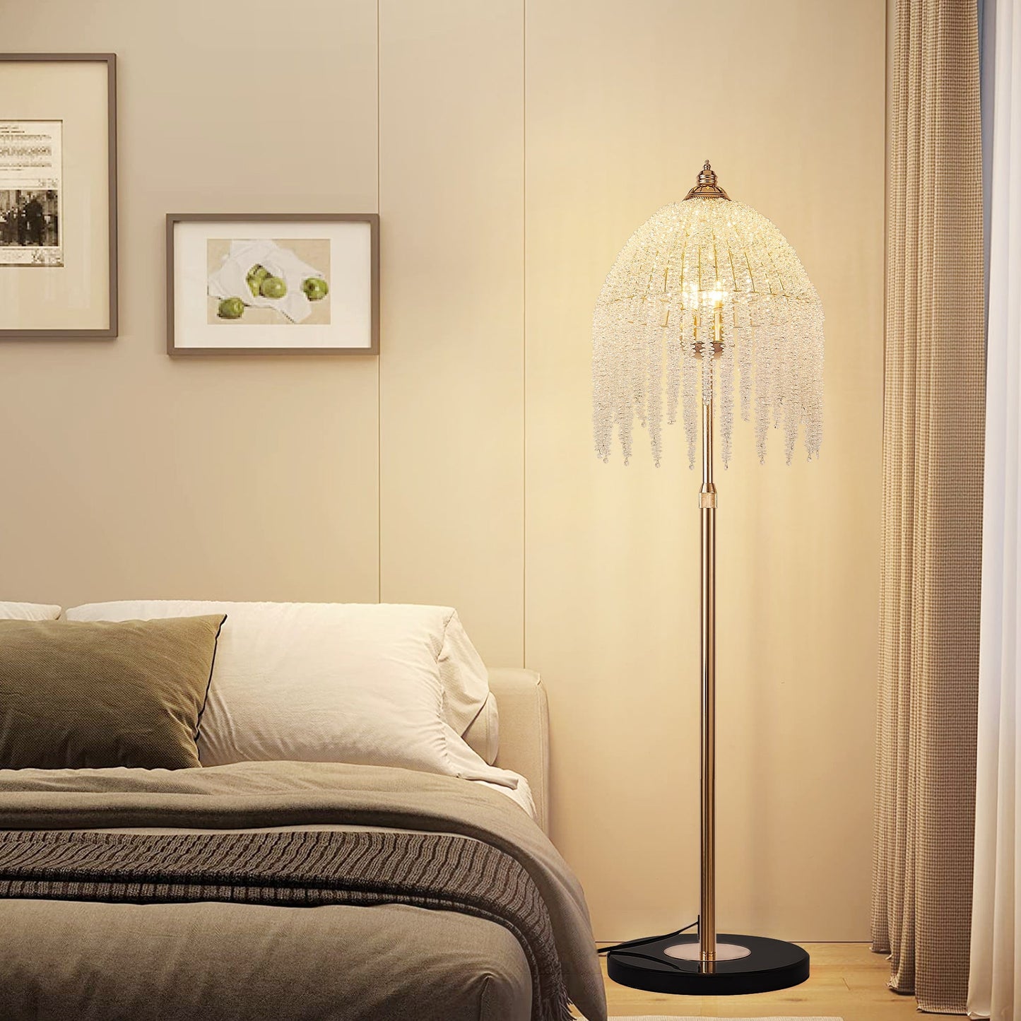 3-Light Elegant Crystal Floor Lamp Vintage Waterfall design in gold with crystal strands on Tampa Home & Garden Store