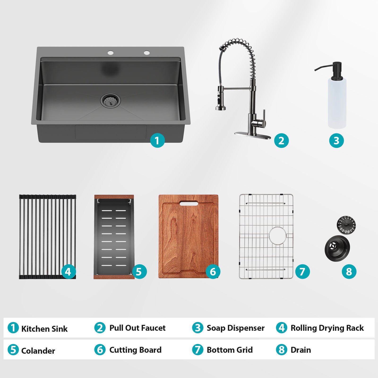 Drop-In Kitchen Sink with pull-out faucet and soap dispenser, gunmetal black, single bowl on Tampa Home & Garden Store