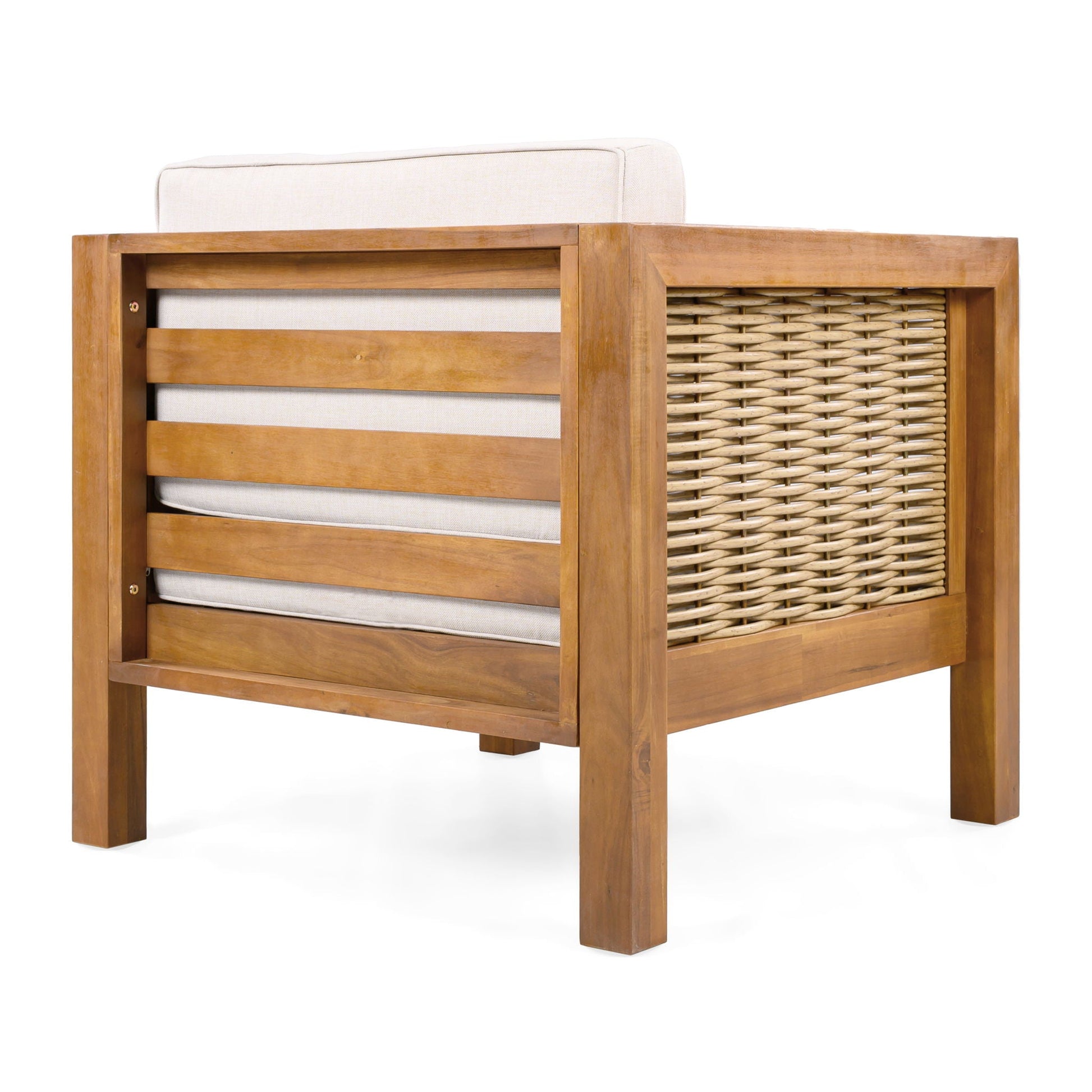 HouseOfZazla Outdoor Club Chair with rope arm, beige cushions, teak frame on Tampa Home & Garden Store
