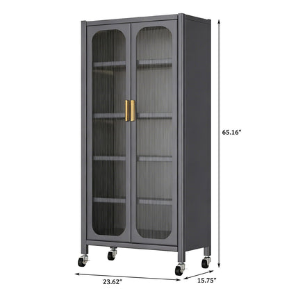 6-tier display cabinet with transparent ribbed doors, gray finish, adjustable shelves, casters by HouseOfZazla on Tampa Home & Garden Store