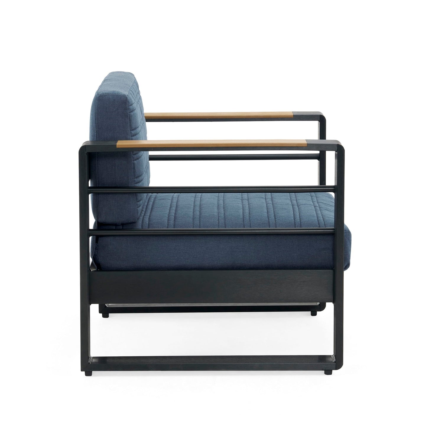 Giovanna Club Chair with aluminum frame and blue cushioned upholstery for outdoor use on Tampa Home & Garden Store