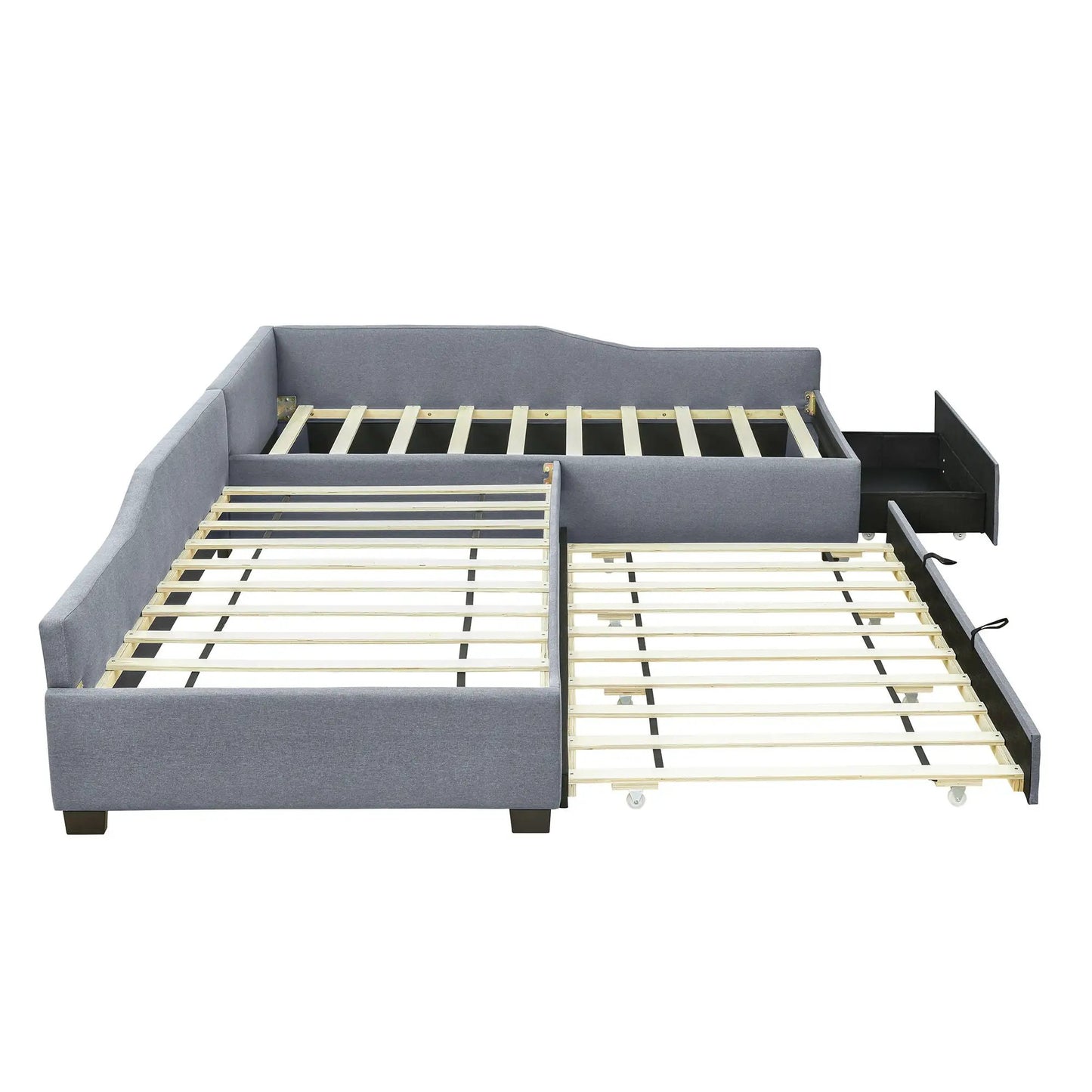 Upholstered double daybed with trundle and drawer in gray fabric by Unique Piece Furniture slats on Tampa Home & Garden Store