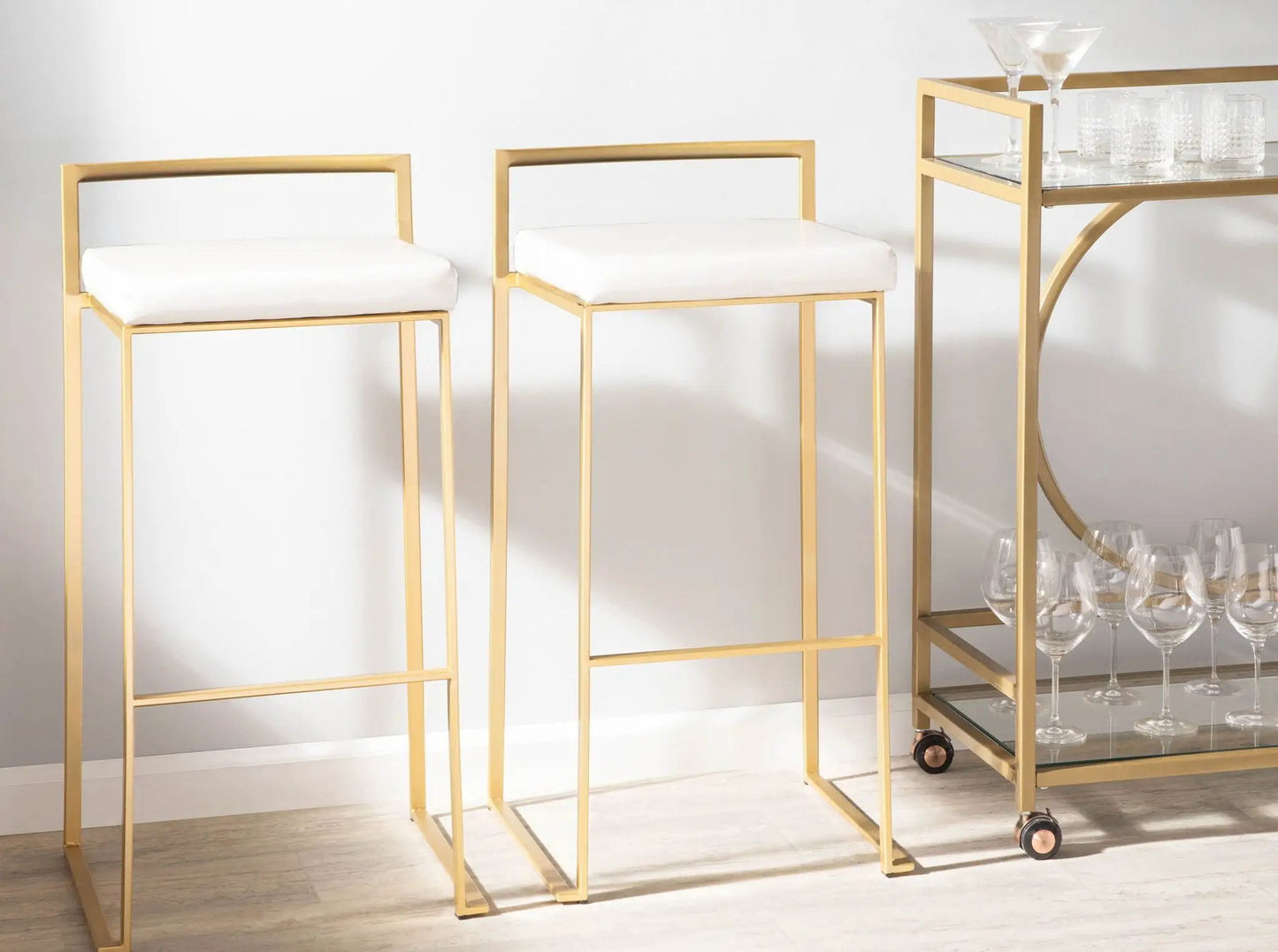 Fuji bar stools, 2-piece set with gold-tone frames and white cushions by Unique Piece Furniture on Tampa Home & Garden Store