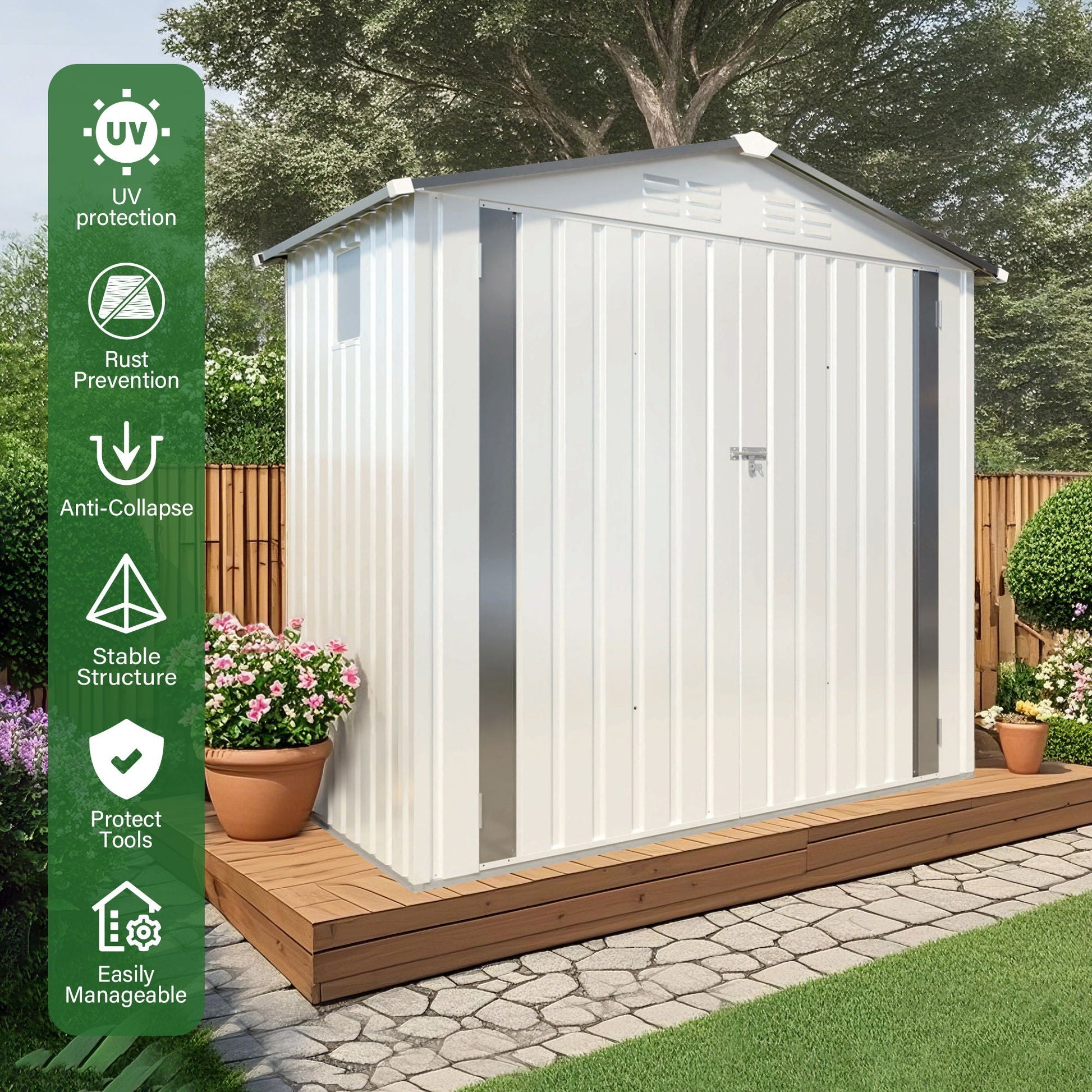 Garden tool shed metal storage shed with peaked roof white and gray lockable door HouseOfZazla on Tampa Home & Garden Store
