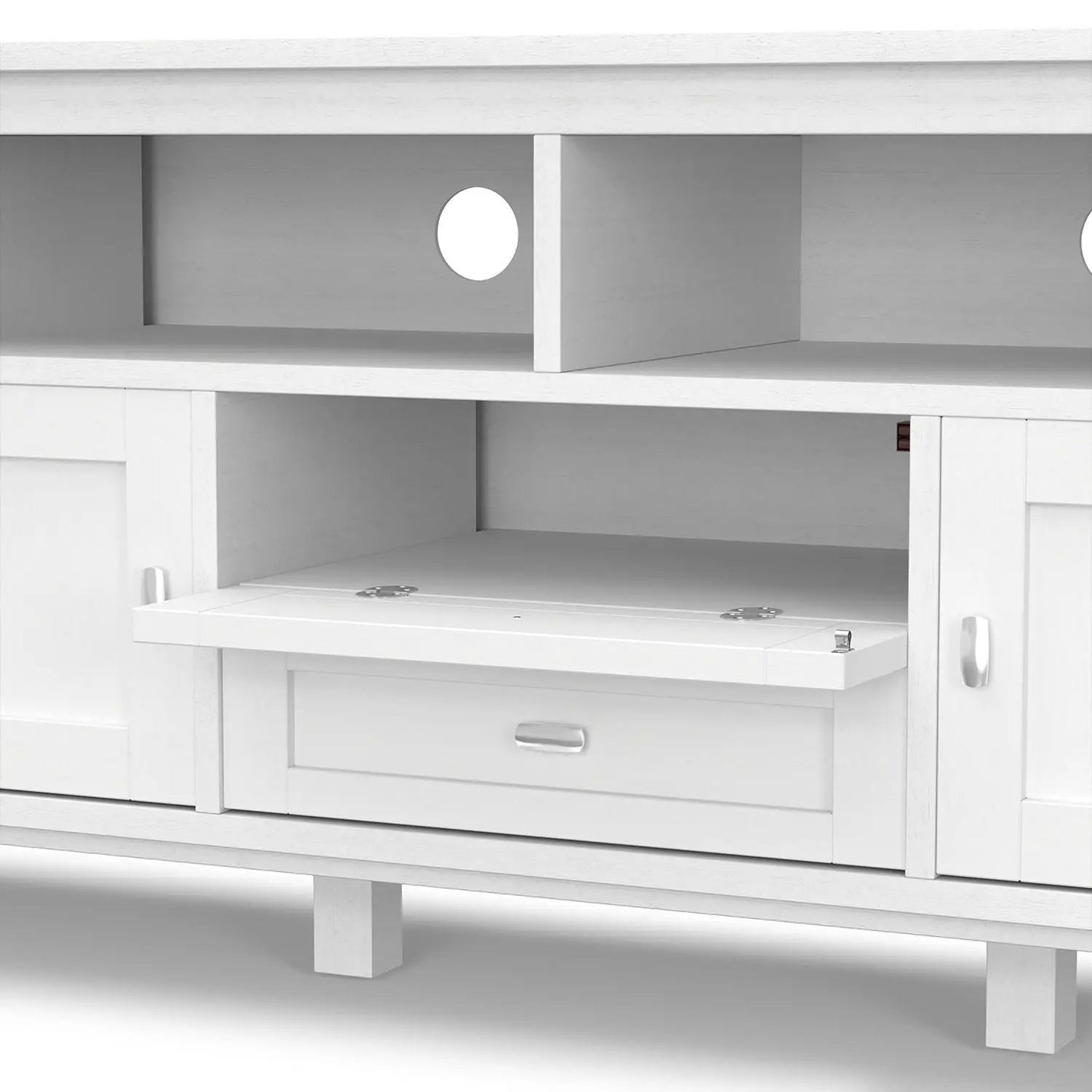 Warm Shaker TV media stand in white wood with open cubbies and a drop-down drawer on Tampa Home & Garden Store