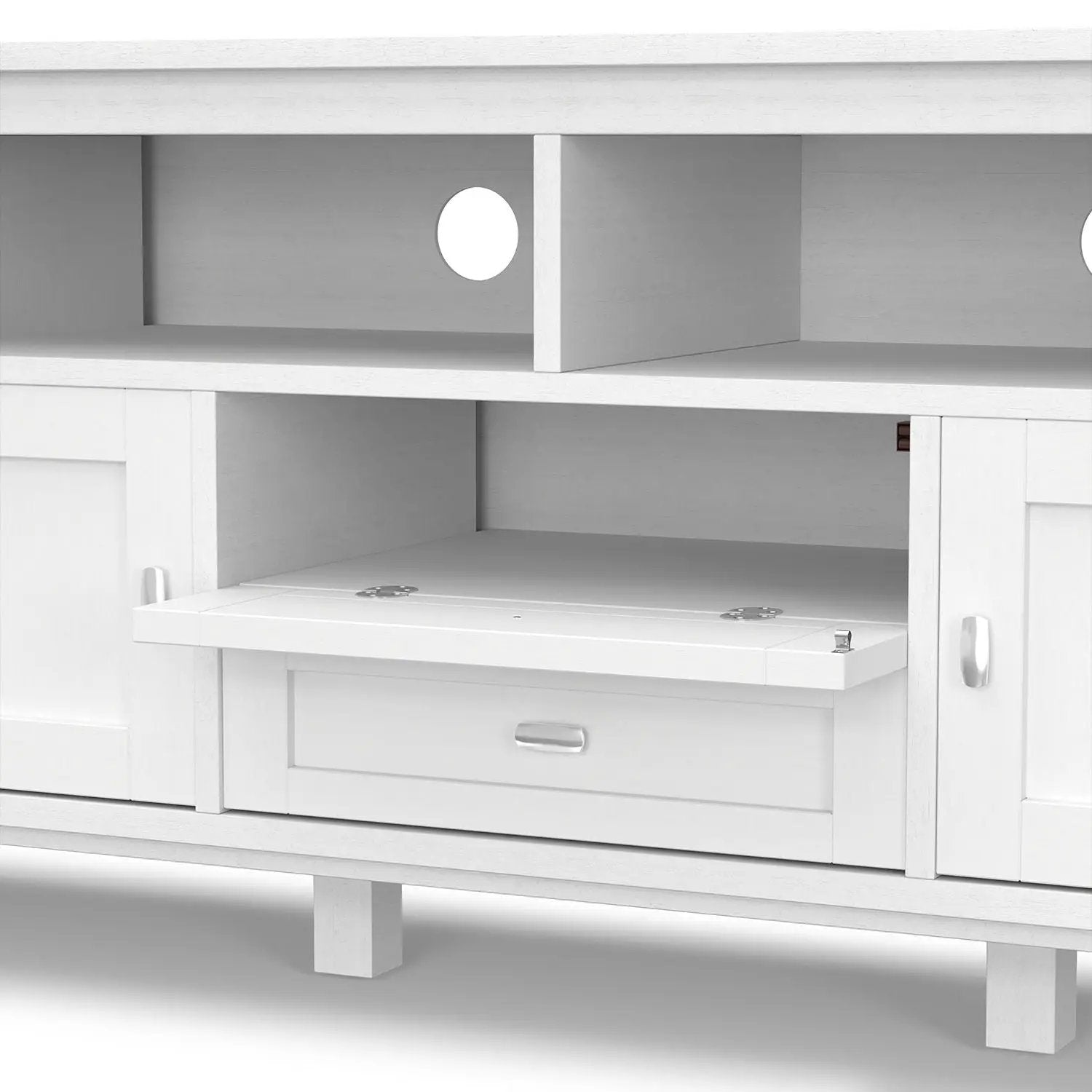 Warm Shaker TV media stand in white wood with open cubbies and a drop-down drawer on Tampa Home & Garden Store