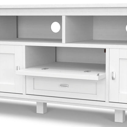 Warm Shaker TV media stand in white wood with open cubbies and a drop-down drawer on Tampa Home & Garden Store