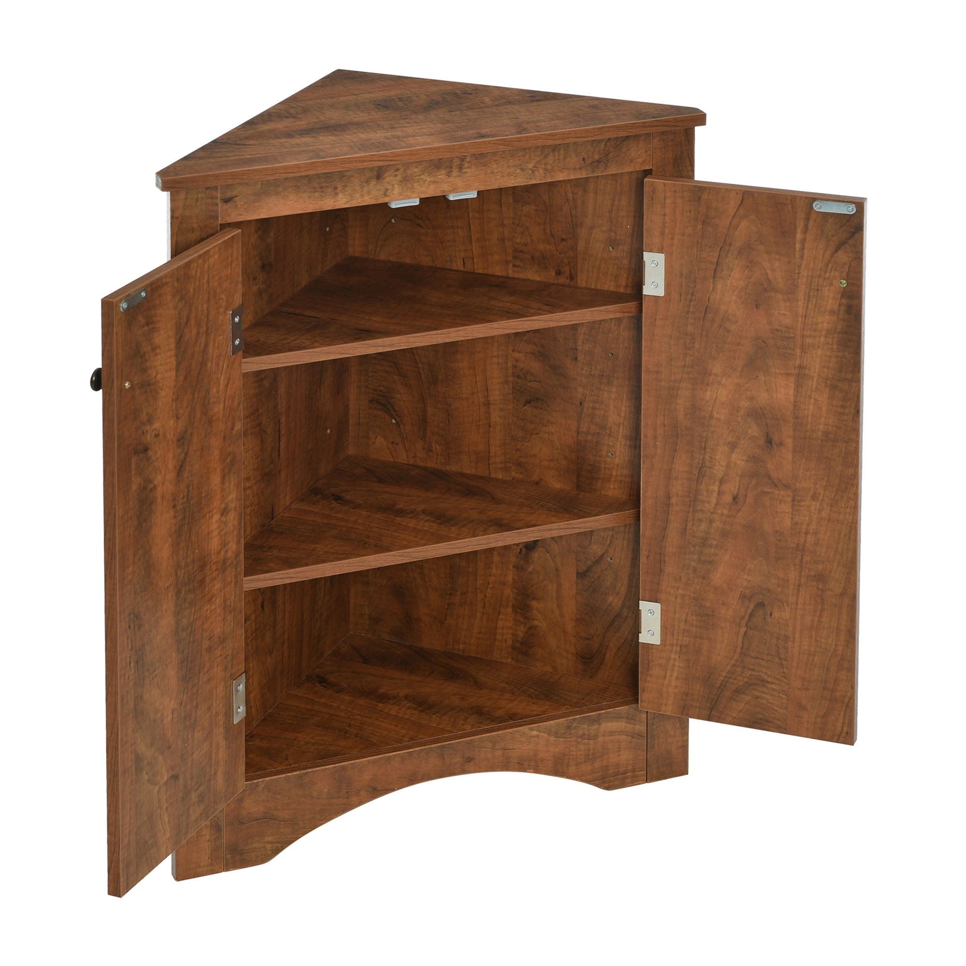 Triangle freestanding linen cabinet in warm wood with adjustable shelves and hinged doors on Tampa Home & Garden Store