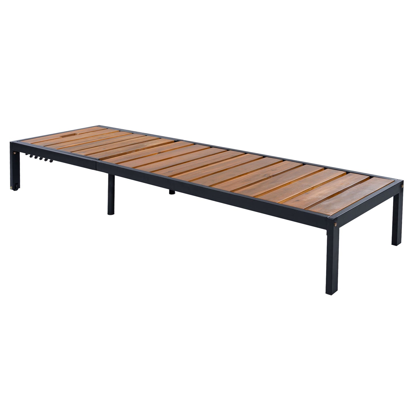 Outdoor Chaise With Adjustable Backrest with slatted wood seat and black metal frame on Tampa Home & Garden Store