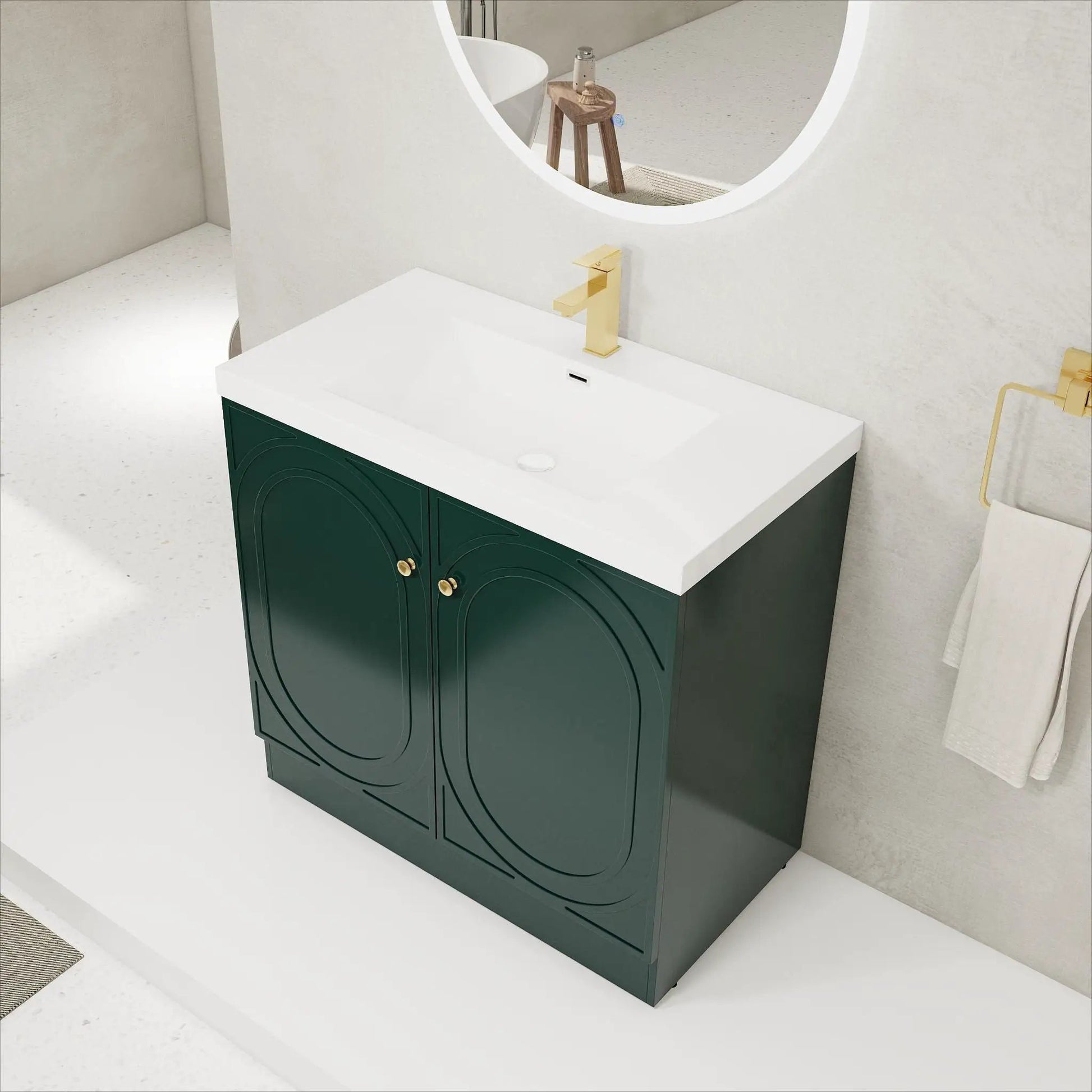 Contemporary freestanding bathroom vanity with resin sink, green base and gold faucet on Tampa Home & Garden Store