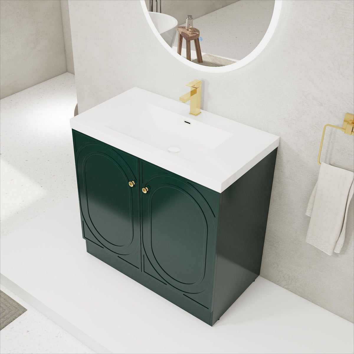 Freestanding bath vanity with resin sink and door; dark green cabinet, white top, gold faucet on Tampa Home & Garden Store