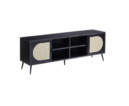 Colson TV stand in black wood with cane-panel doors and four open cubbies, mid-century legs on Tampa Home & Garden Store